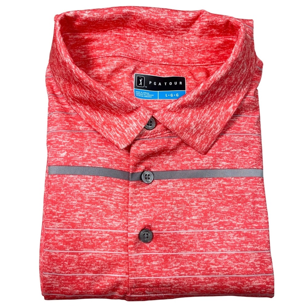 PGA Tour Mens Large Golf Polo Coral Heather Stripe Performance Shirt